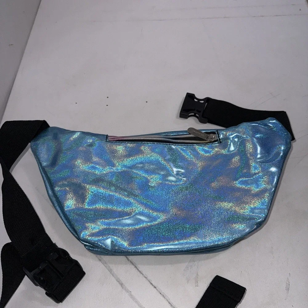 SoJourner Holographic Fanny Pack Belt Bag Blue Purse 90's Metallic Zip Pockets